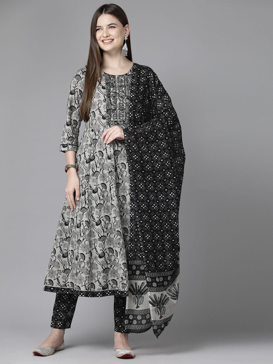 yufta women grey floral printed regular sequinned pure cotton kurta with trousers & with dupatta