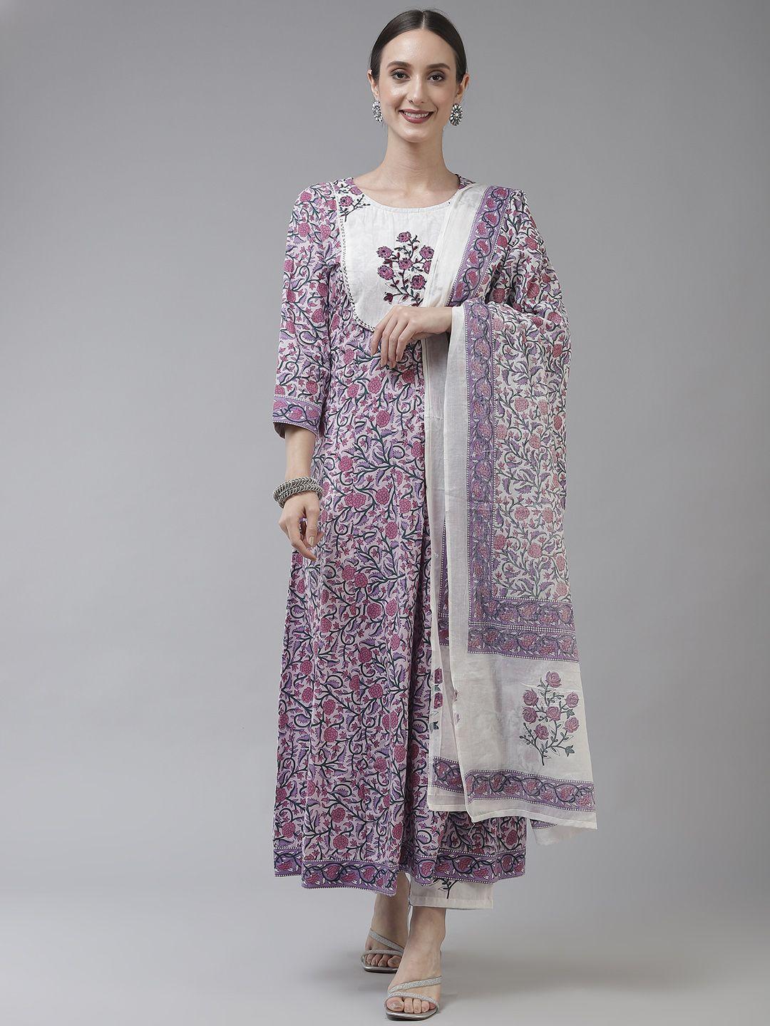 yufta women lavender ethnic motifs printed pure cotton kurta with trousers & dupatta