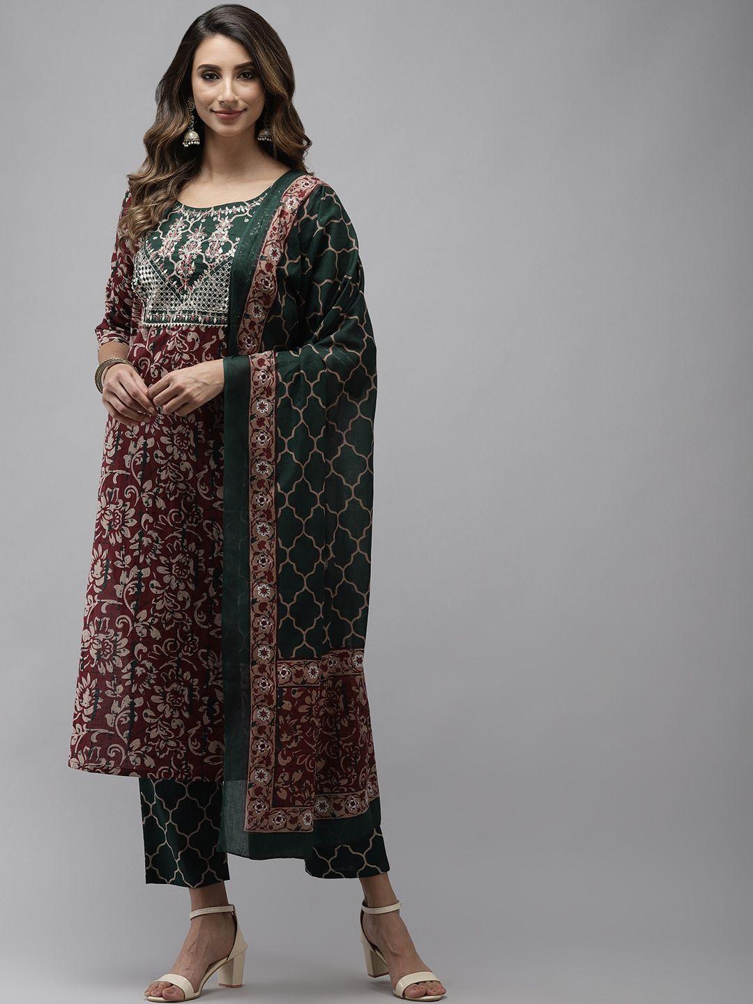 yufta women mauve & green ethnic motifs printed sequinned cotton kurta set & dupatta