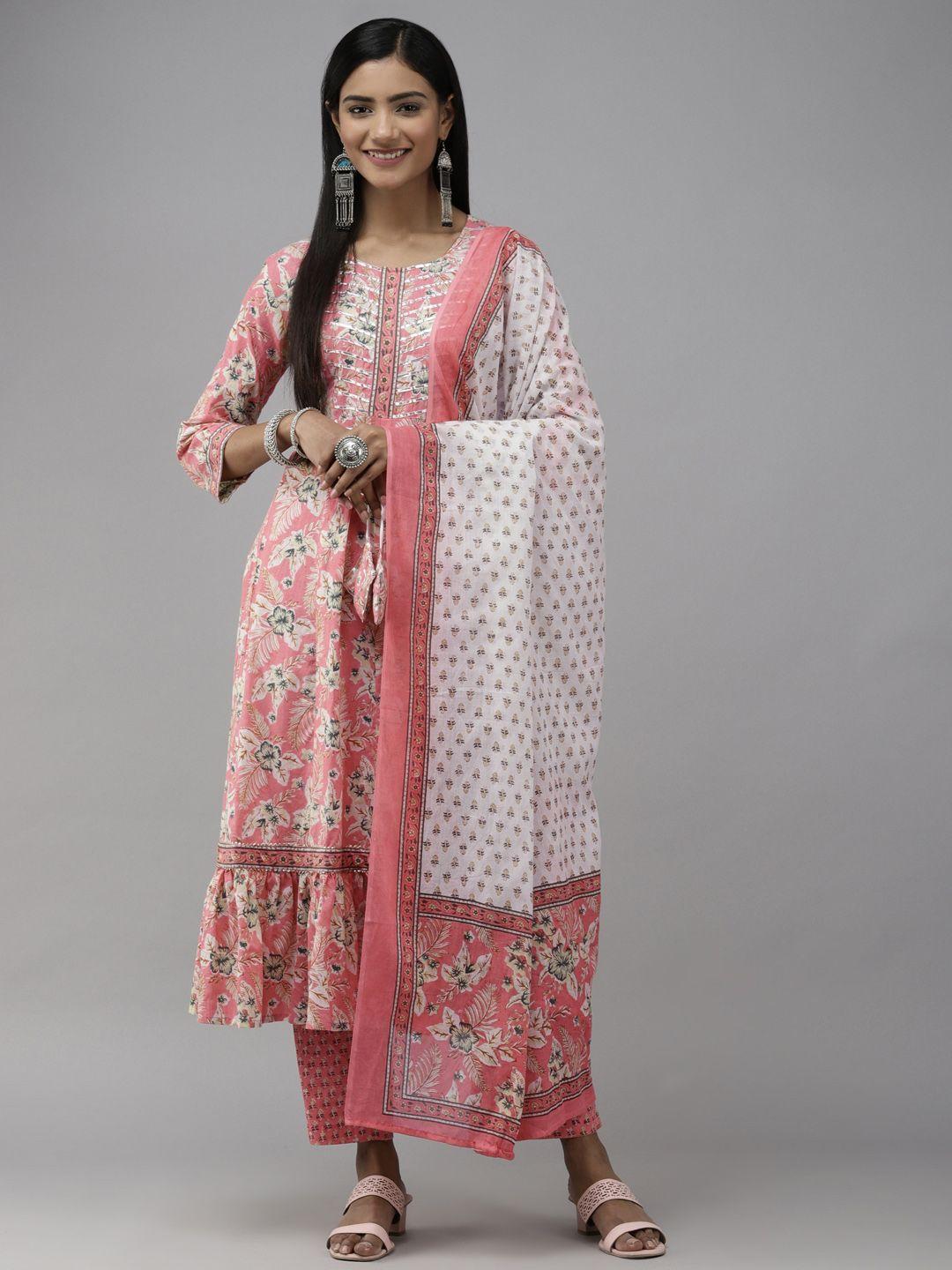yufta women multicoloured floral printed tiered pure cotton kurta set