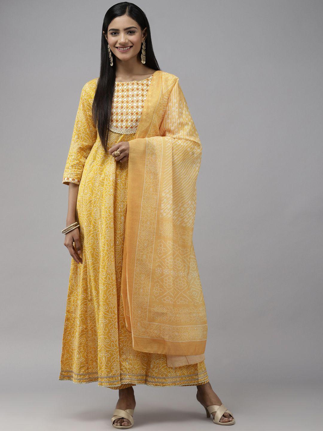 yufta women mustard yellow bandhani printed panelled thread work pure cotton kurta set