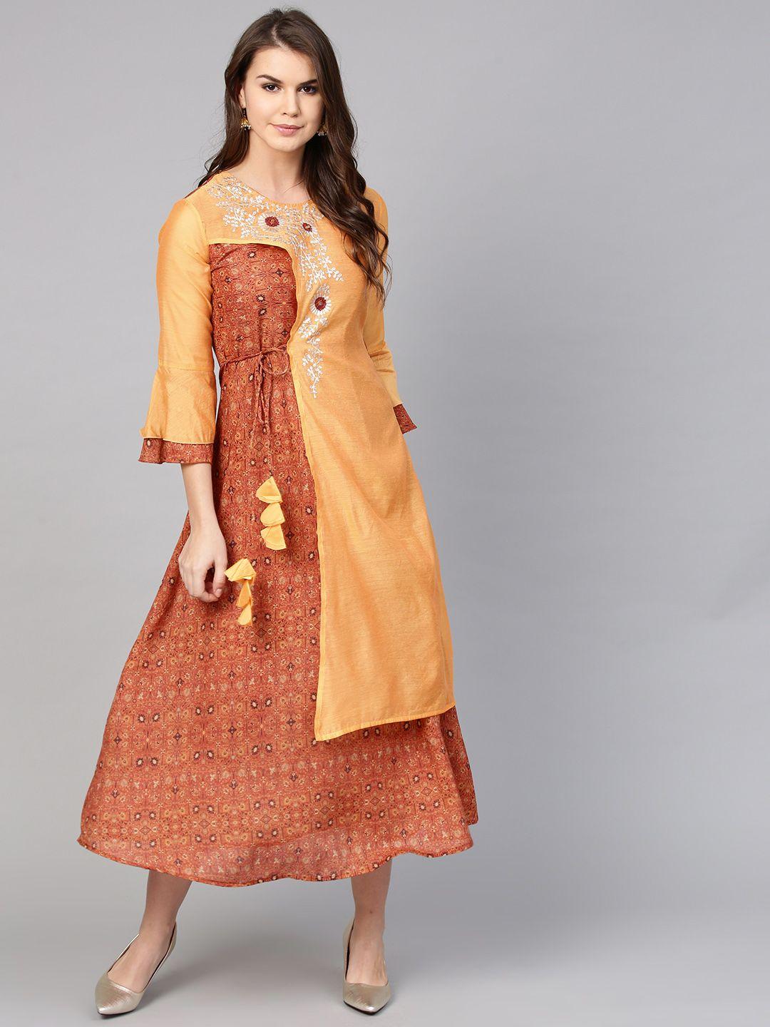 yufta women orange & brown printed layered a-line dress