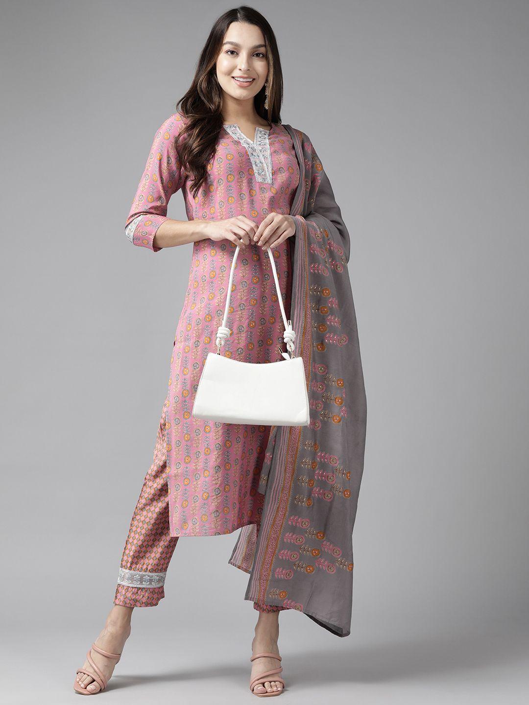 yufta women pink ethnic motifs printed patchwork kurta set