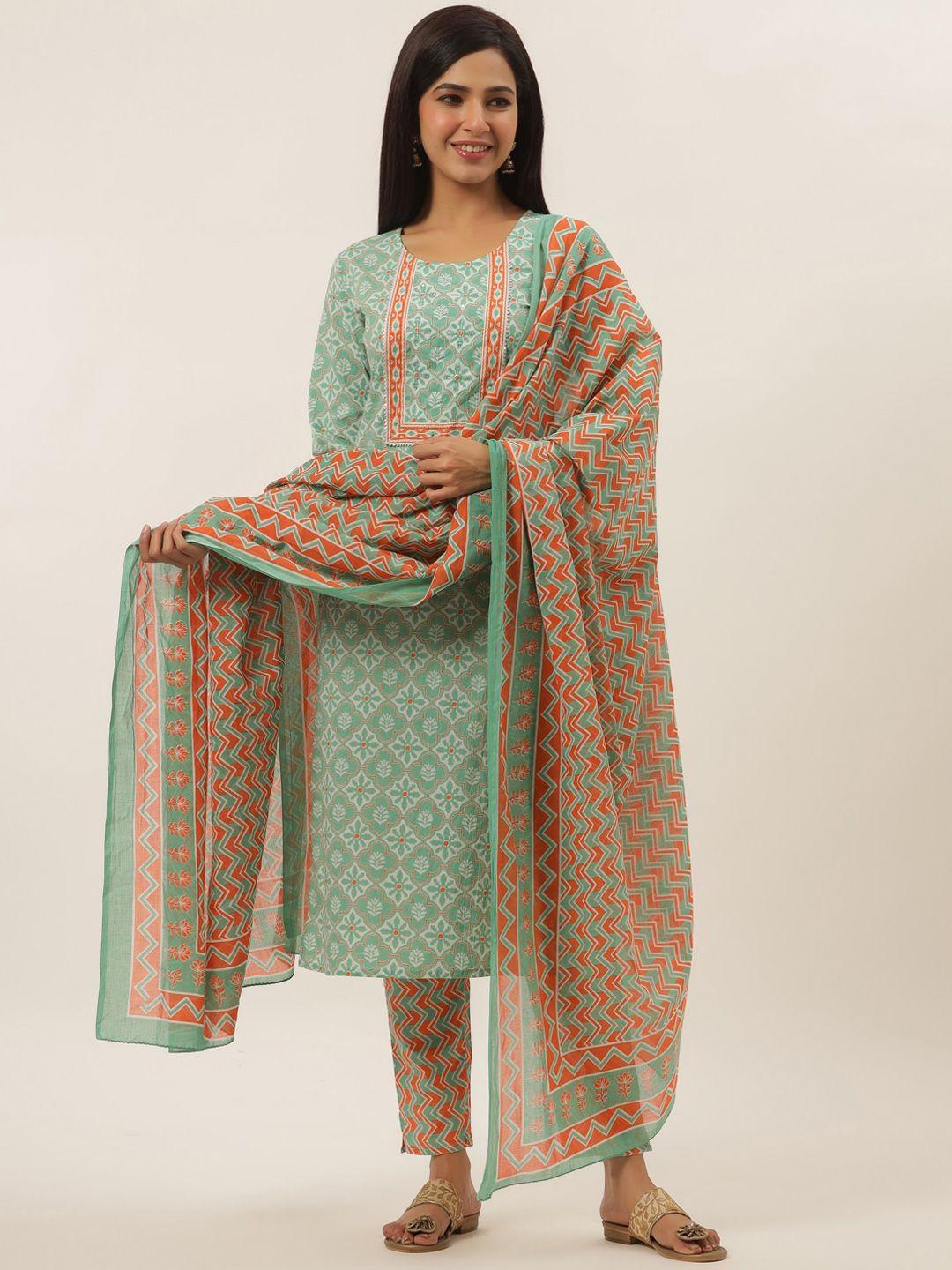 yufta women sea green ethnic motifs printed sequinned pure cotton kurta with trousers & with dupatta
