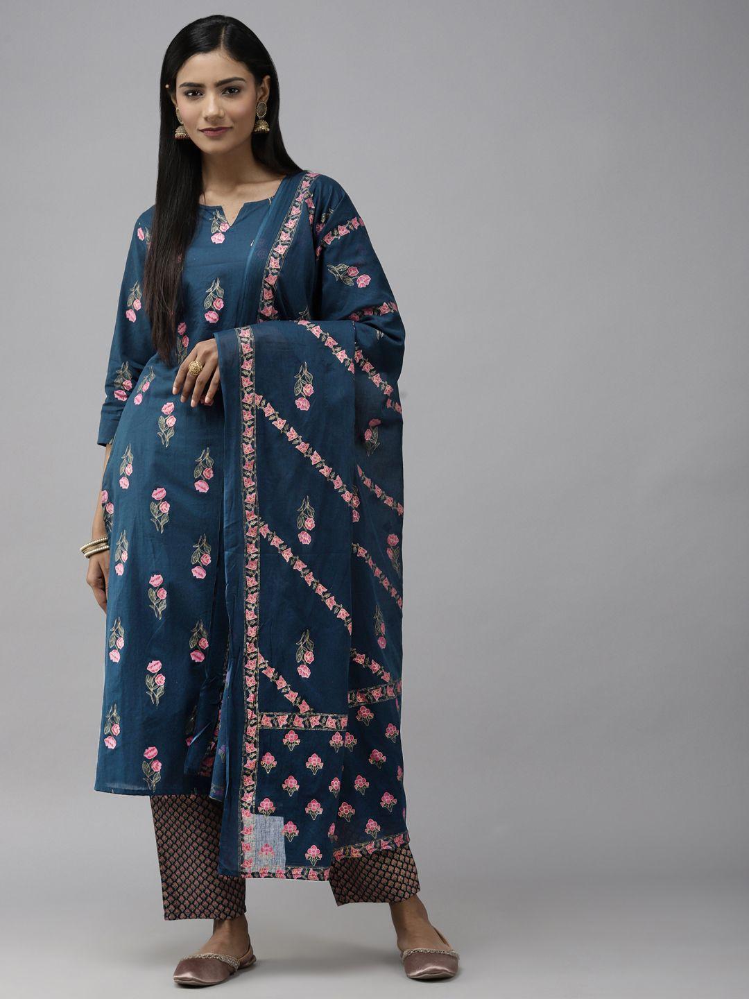 yufta women teal blue floral printed pure cotton kurta with trousers & with dupatta