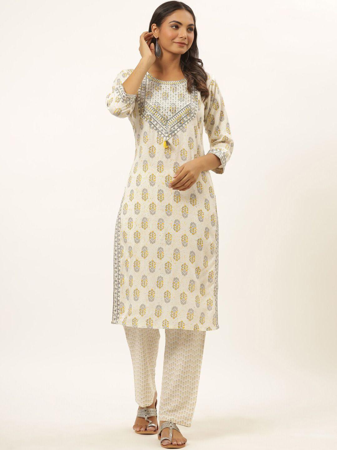yufta women white printed sequinned kurta with trousers