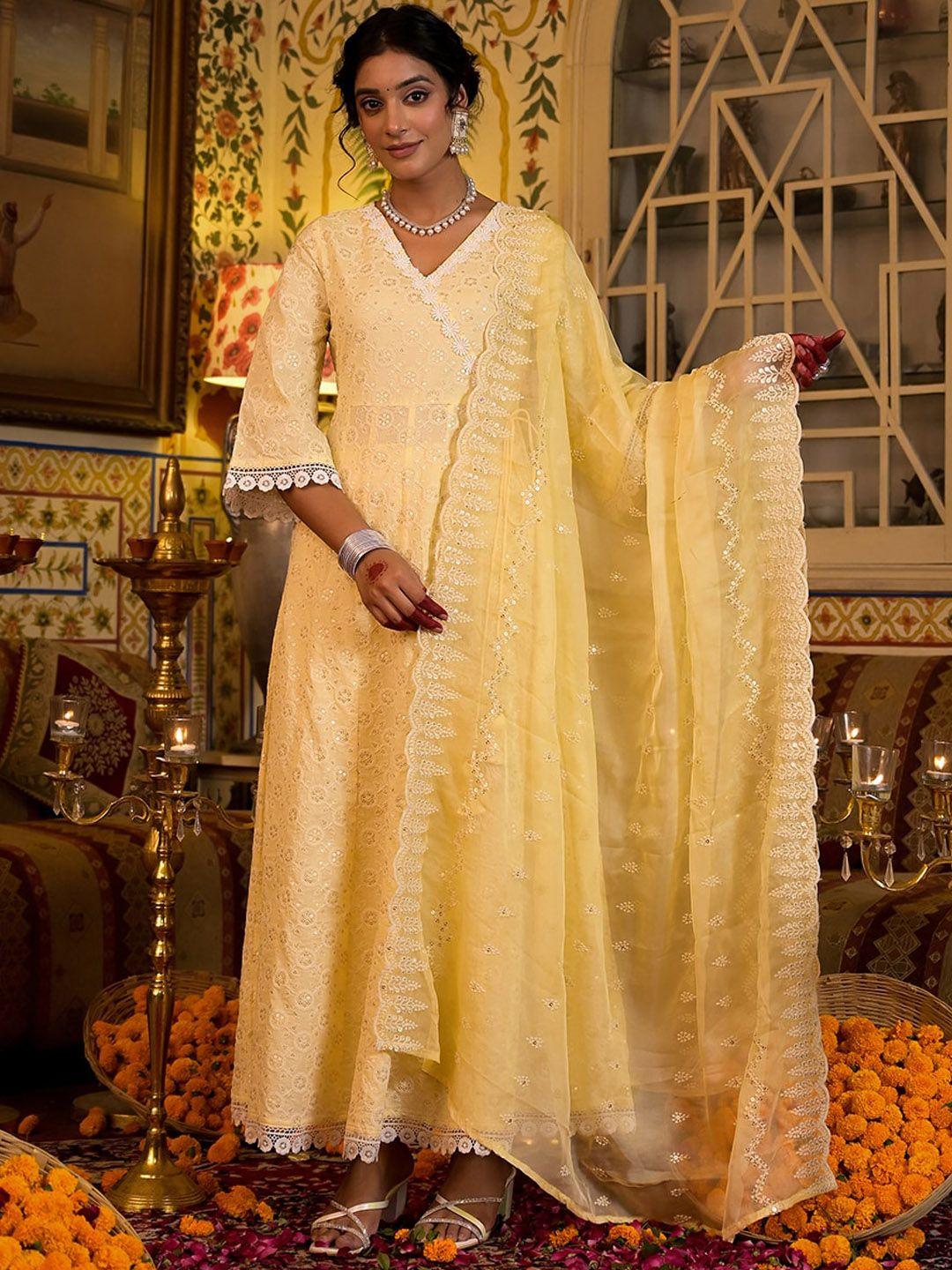 yufta women yellow floral embroidered angrakha chikankari pure cotton kurta with trousers & with dupatta