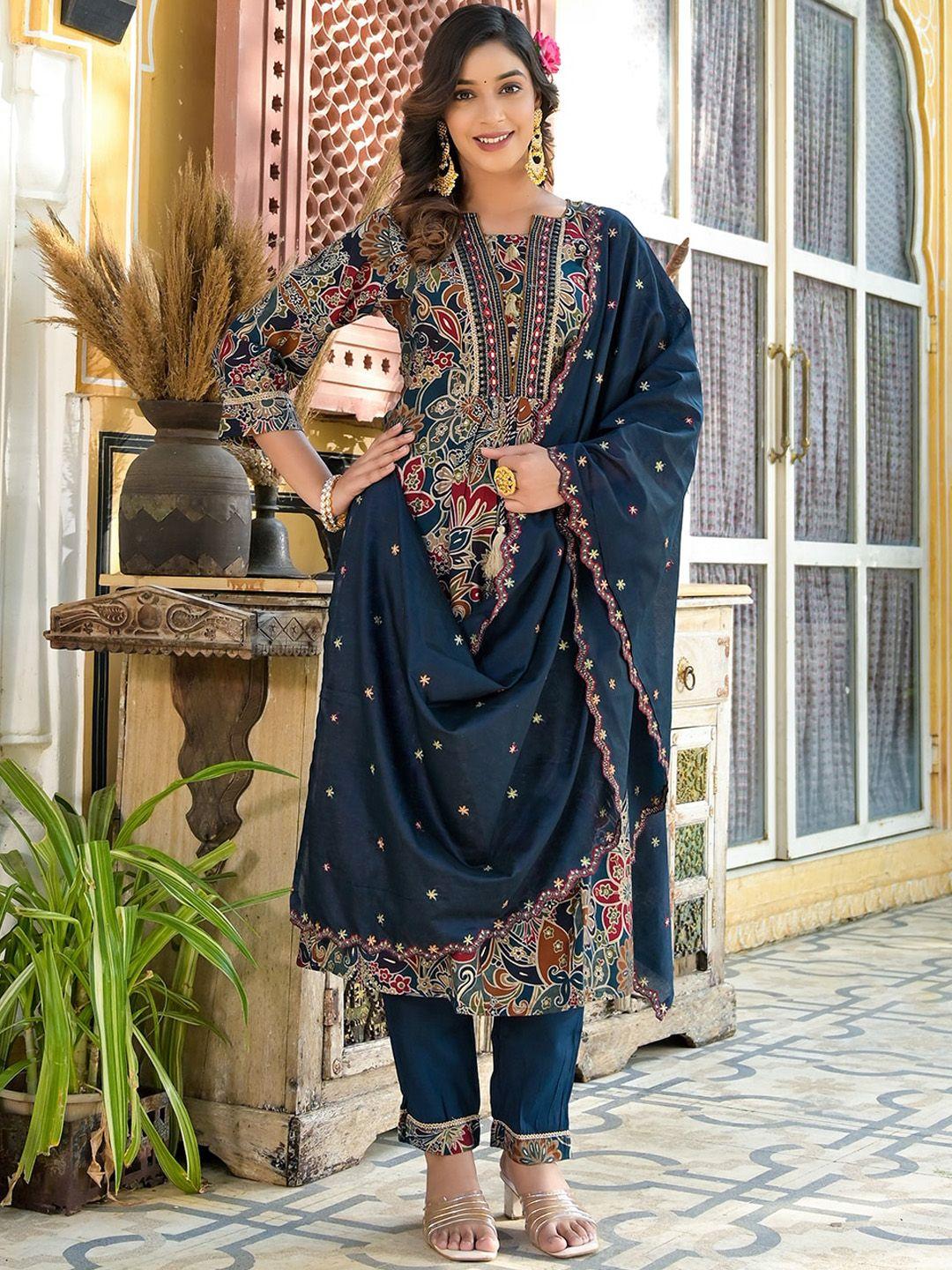 yufta  navy blue floral printed mirror work kurta with trousers & with dupatta