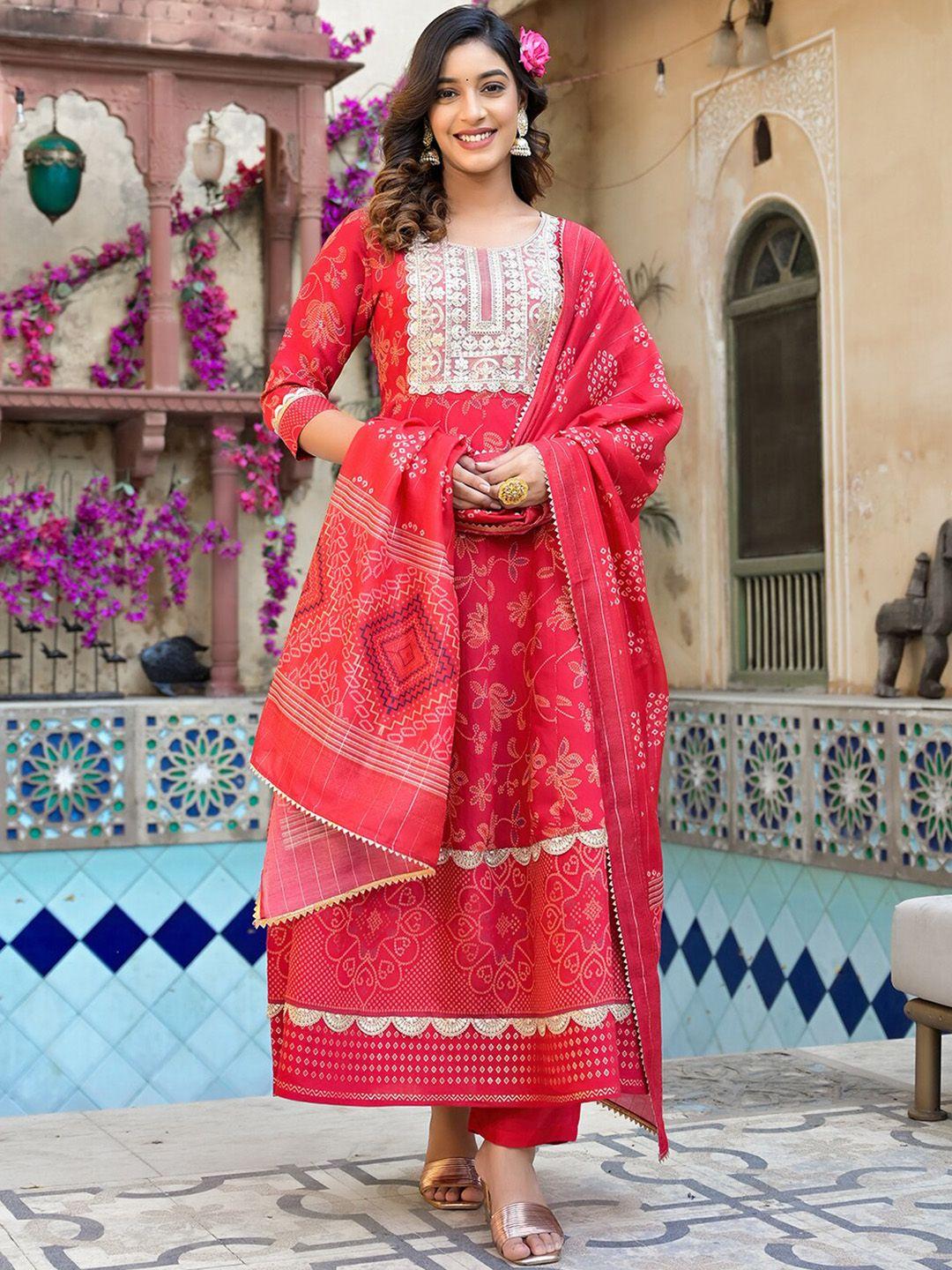 yufta bandhani embroidered sequinned anarkali kurta with trousers & dupatta