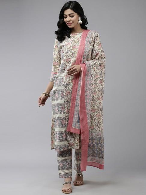 yufta beige & grey pure cotton printed kurta pant set with dupatta