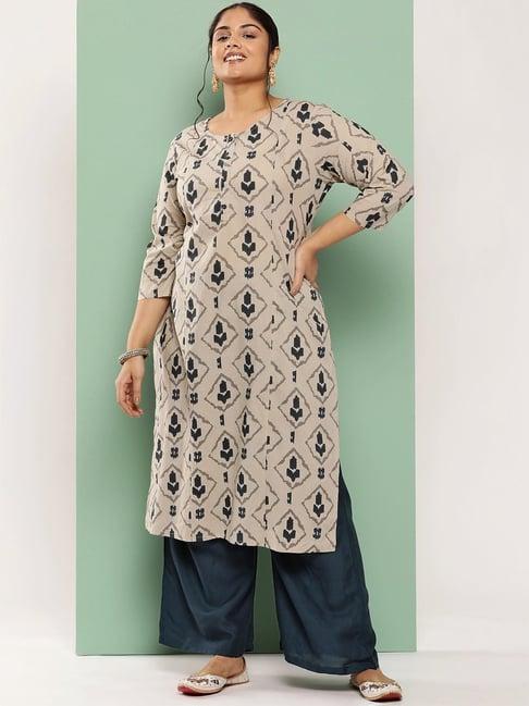 yufta beige cotton printed straight kurta