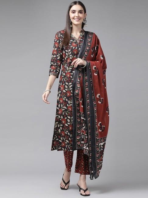 yufta black & brown cotton floral print kurta pant set with dupatta