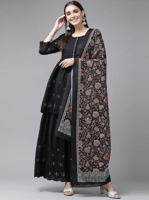 yufta black cotton embellished kurti sharara set with dupatta