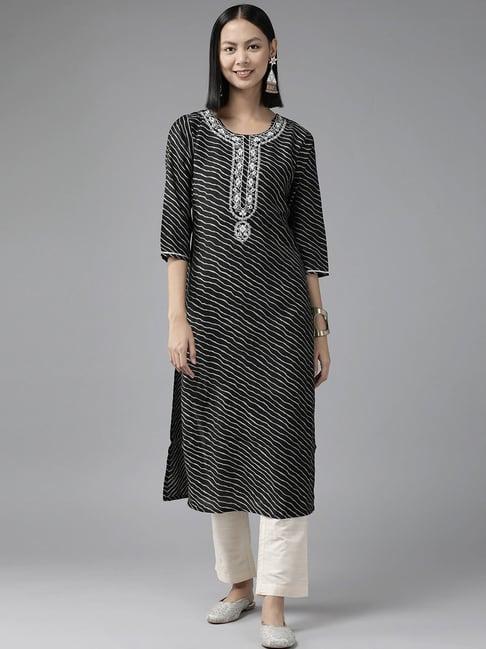 yufta black cotton embroidered straight kurta