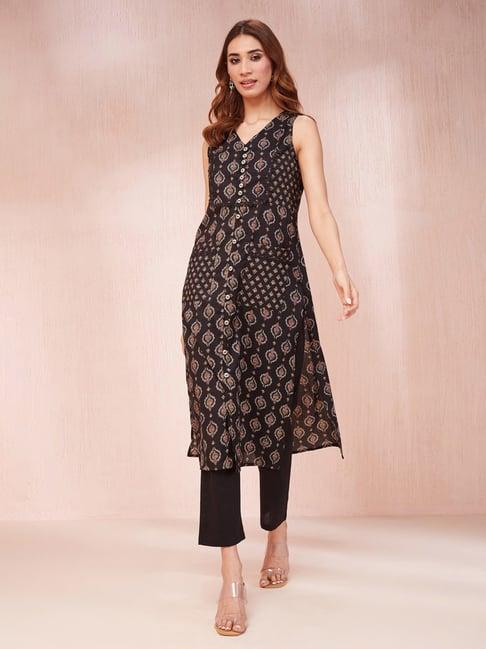 yufta black cotton printed straight kurta