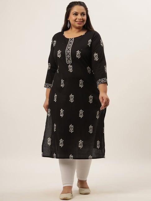 yufta black cotton printed straight kurta