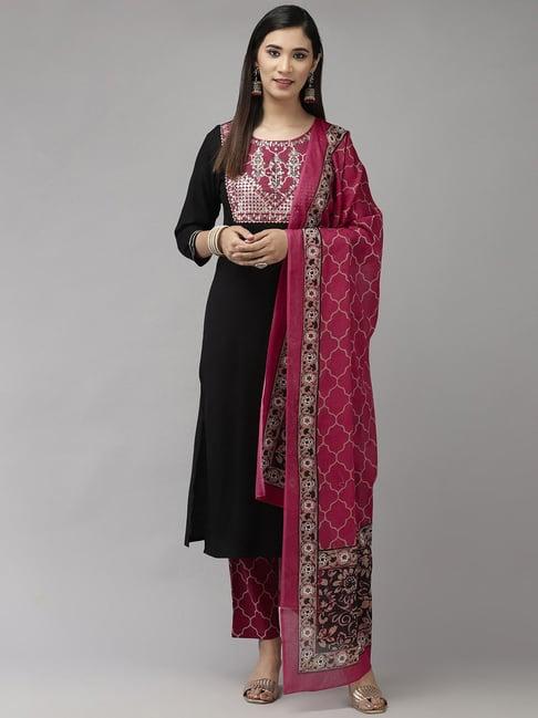 yufta black embellished kurta pant set with dupatta