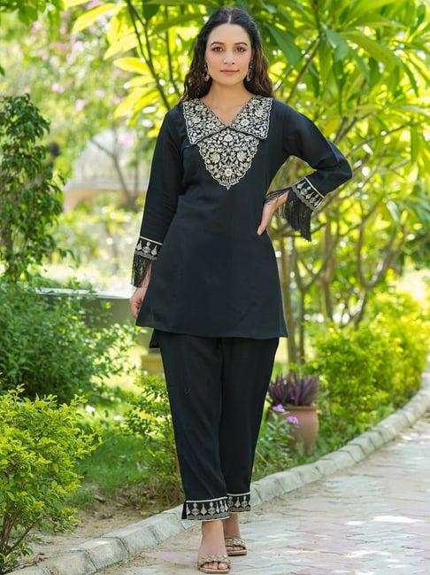 yufta black embroidered kurti pant set