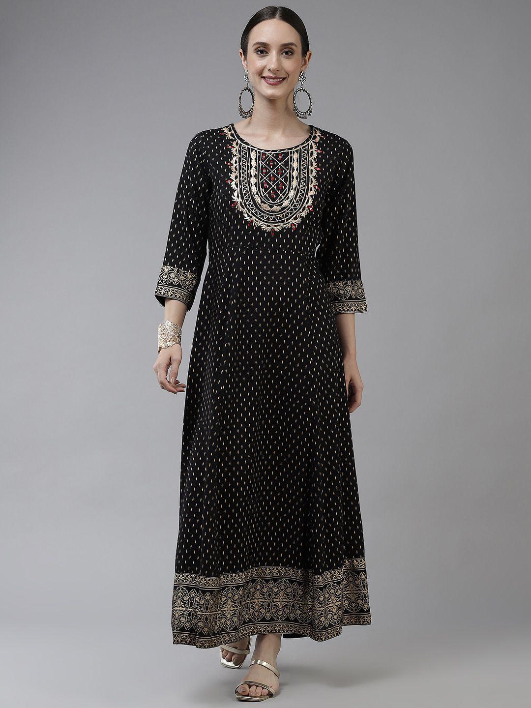 yufta black ethnic motifs gotta patti embroidered ethnic maxi dress