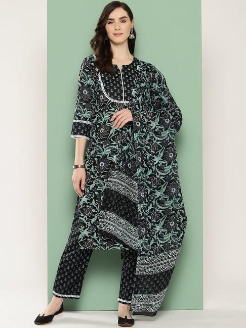 yufta black floral print kurta with pant & dupatta