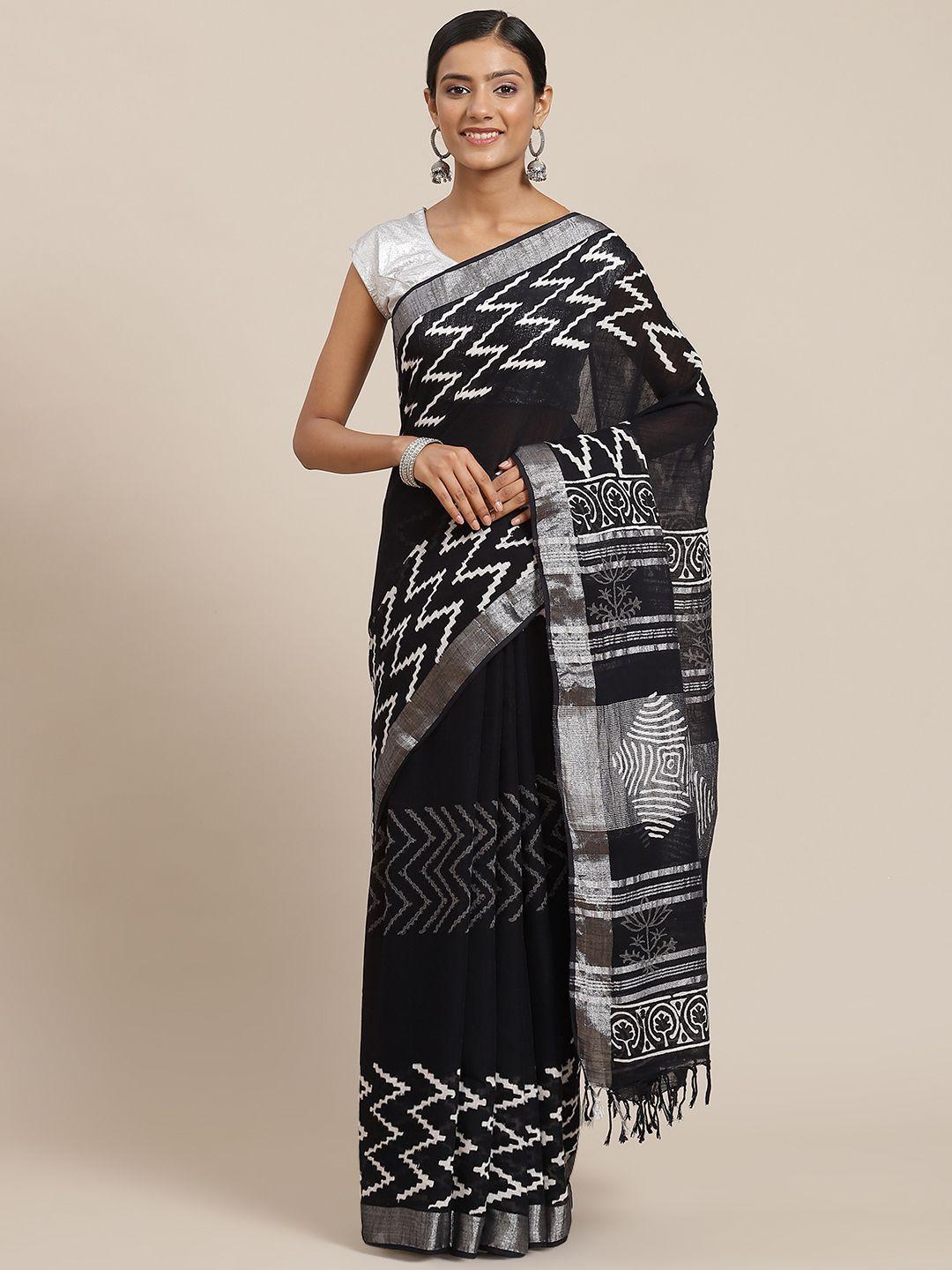 yufta black linen blend block print saree