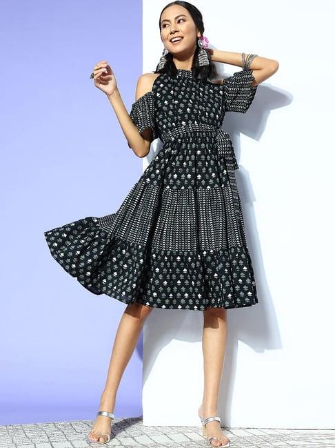 yufta black pure cotton printed a-line dress