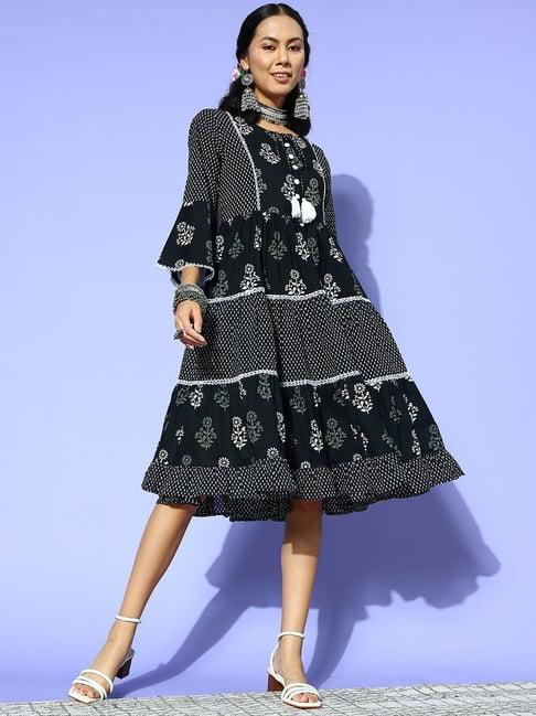 yufta black pure cotton printed a-line dress