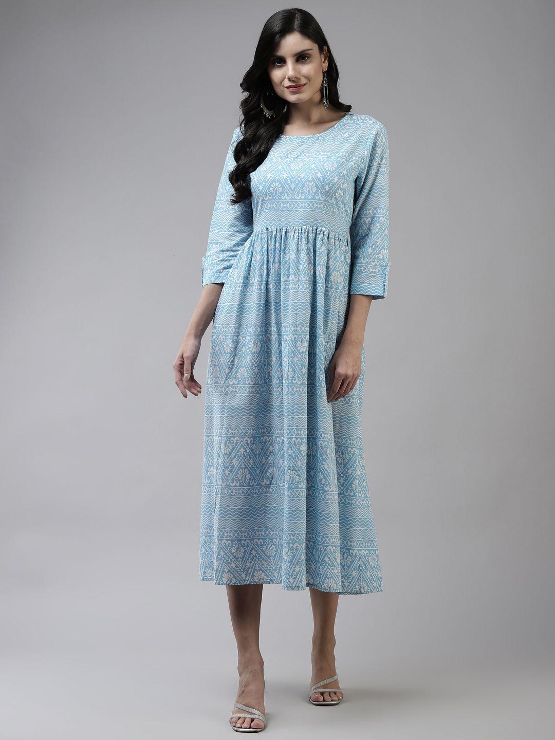 yufta blue & white ethnic motifs cotton ethnic midi dress