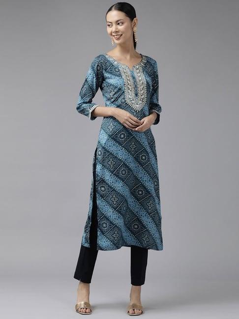 yufta blue cotton embroidered straight kurta