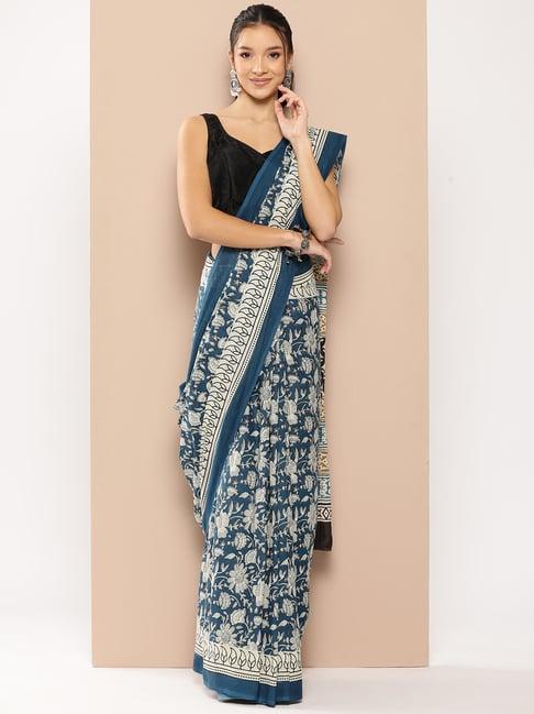 yufta blue cotton floral print saree with unstitched blouse