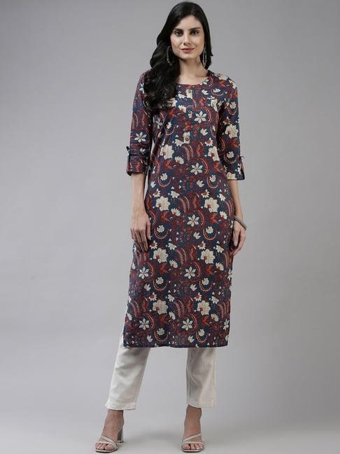 yufta blue cotton floral print straight kurta