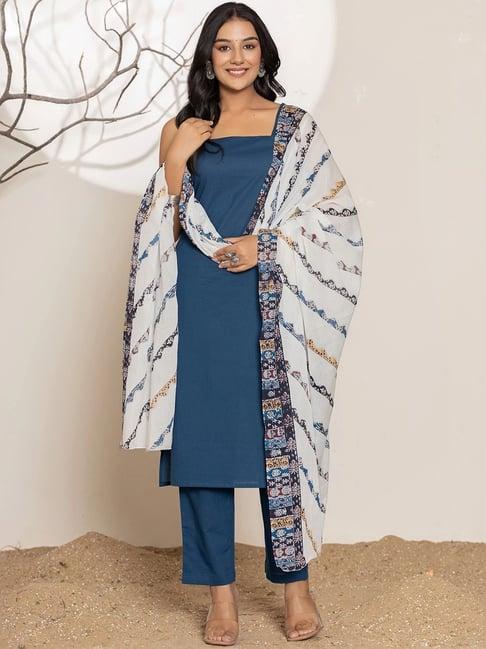 yufta blue cotton kurta pant set with dupatta