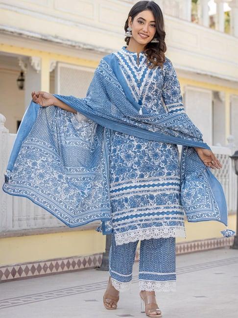 yufta blue cotton printed kurta palazzo set with dupatta