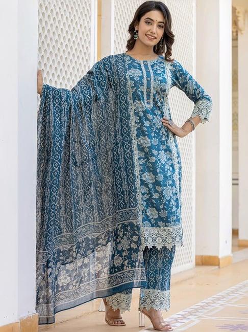 yufta blue cotton printed kurta pant set with dupatta