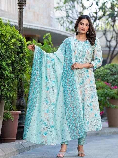 yufta blue cotton printed kurta pant set with dupatta