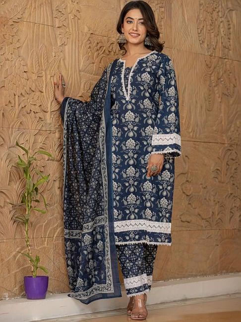 yufta blue cotton printed kurta pant set with dupatta