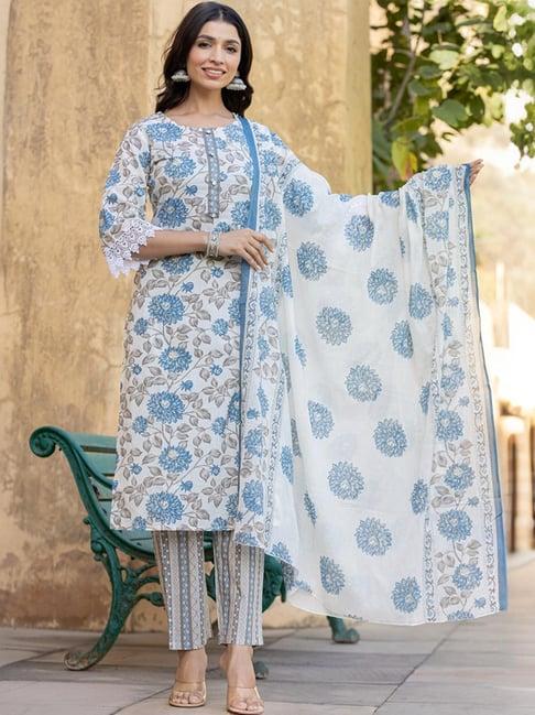 yufta blue cotton printed kurta pant set with dupatta