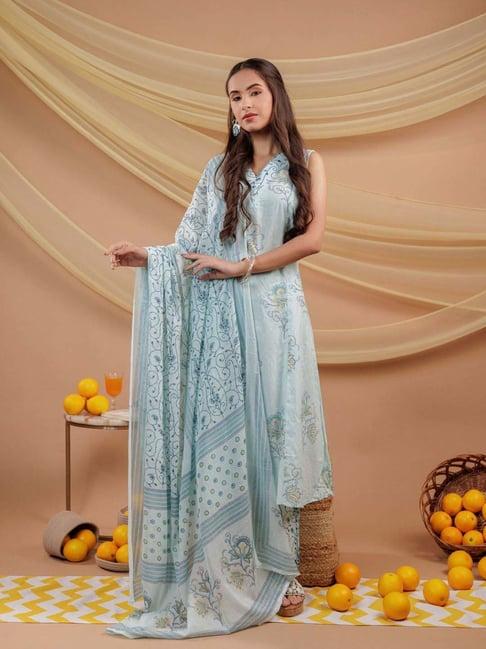 yufta blue cotton printed kurta pant set with dupatta