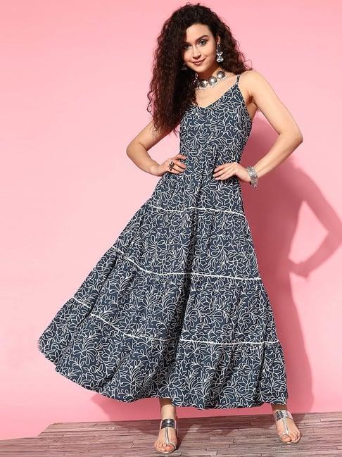 yufta blue cotton printed maxi dress