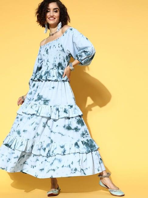 yufta blue cotton printed maxi dress