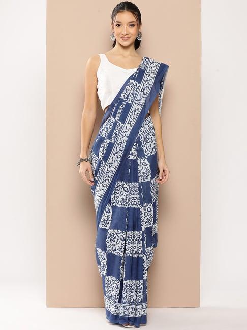 yufta blue cotton printed saree with unstitched blouse