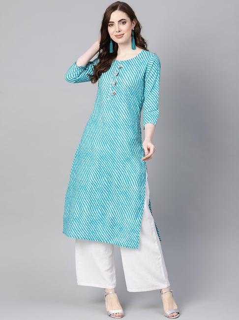 yufta blue cotton printed straight kurta