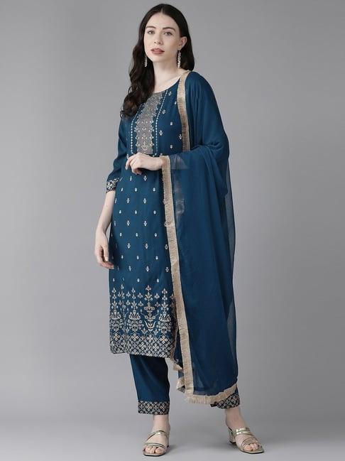 yufta blue embroidered kurta pant set with dupatta