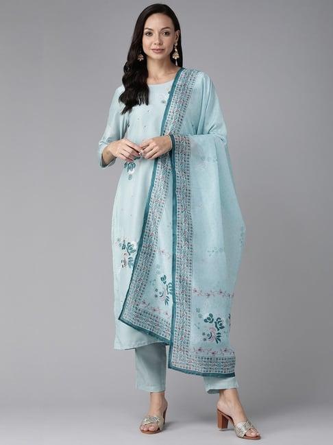 yufta blue embroidered kurta pant set with dupatta