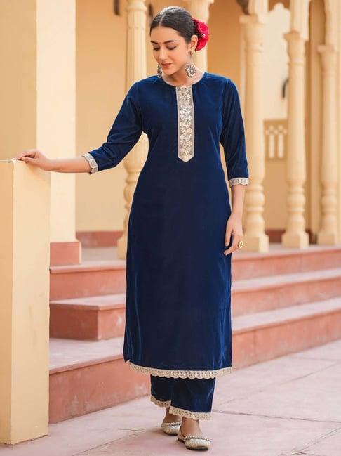 yufta blue embroidered kurta pant set