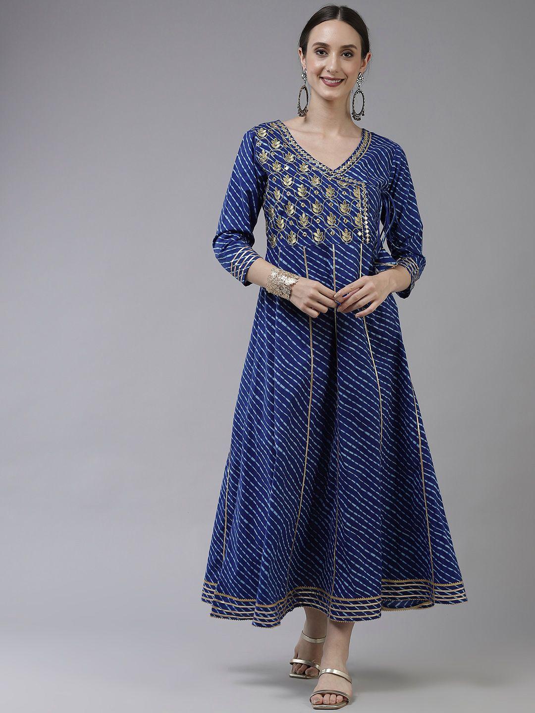 yufta blue ethnic motifs embroidered gotta patti pure cotton ethnic maxi dress