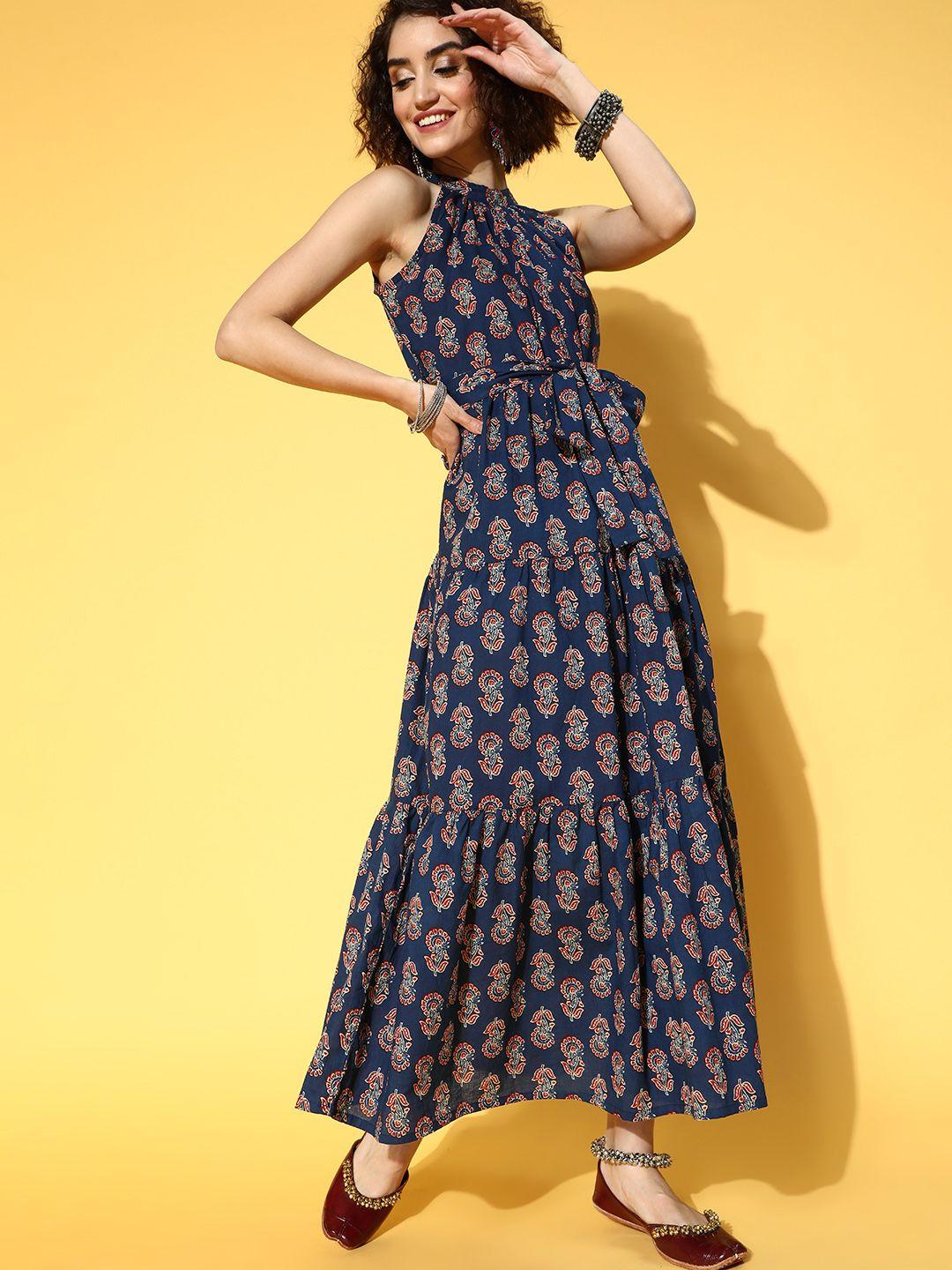 yufta blue ethnic motifs halter neck ethnic maxi dress