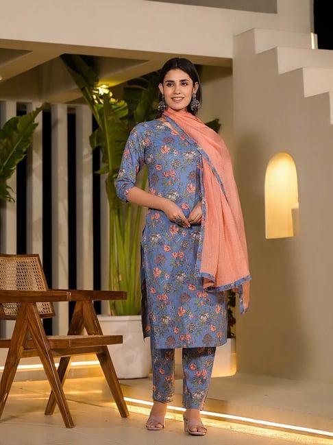 yufta blue floral kurta with pant & dupatta