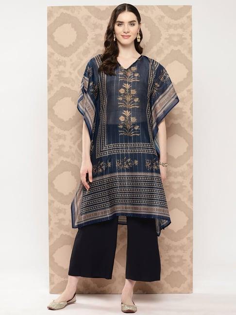 yufta blue floral print straight kaftan kurta