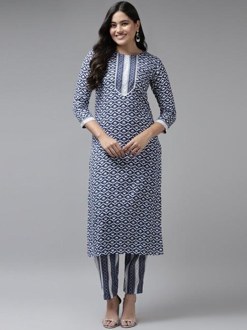 yufta blue printed kurta pant set